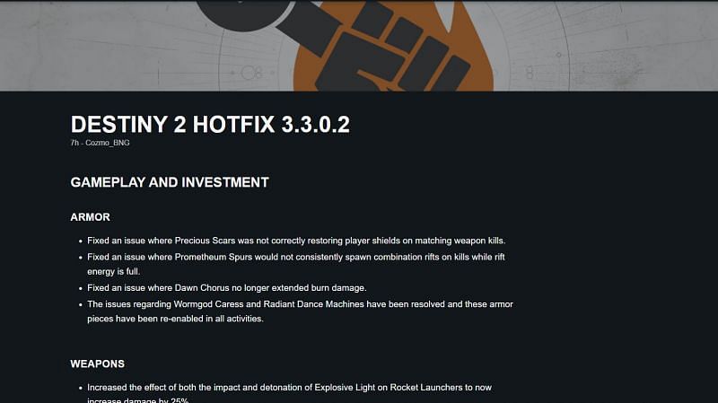 Hotfix 3.3.0.3 for Destiny 2 Season 15 (Image via Bungie)