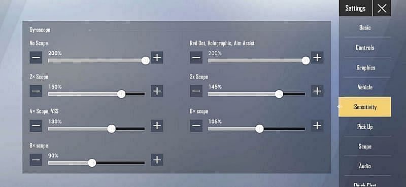 Paramètres De Sensibilité Du Gyroscope (Image Via Krafton)