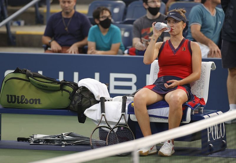 Elina Svitolina hydrating herself during her first-round match at the 2021 US Open