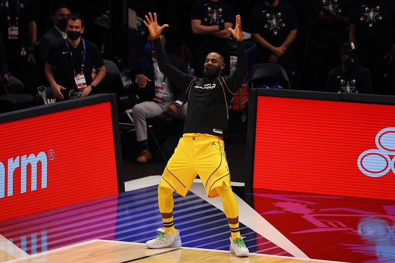 Lebron James #23 of Team LeBron celebrates against Team Durant during the first half in the 70th NBA All-Star Game at State Farm Arena on March 07, 2021 in Atlanta, Georgia.