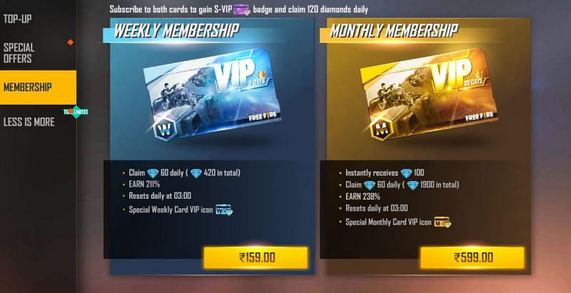 Two different types of Memberships are present in Garena Free Fire (Image via Free Fire)