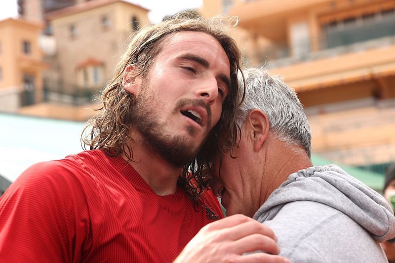 Stefanos Tsitsipas (L) &amp; his father embrace after the former&#039;s Monte-Carlo Masters title win earlier this year