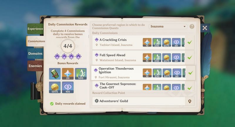 Daily Commission interface in the Adventurer Handbook (Image via Genshin Impact)