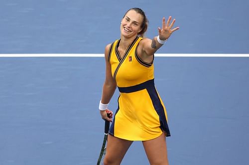 Aryna Sabalenka waves to the crowd after her second-round win at the 2021 US Open