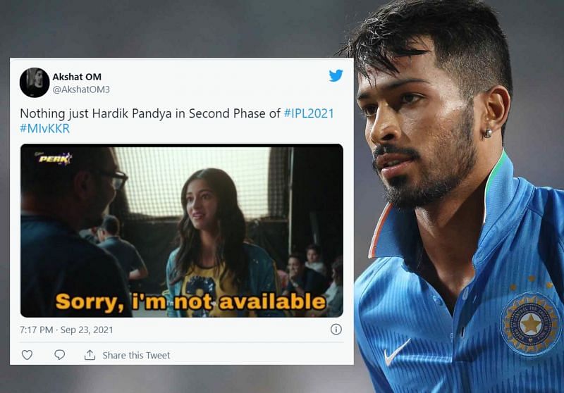 Fans troll Hardik Pandya for missing the first two matches of the second half of IPL.