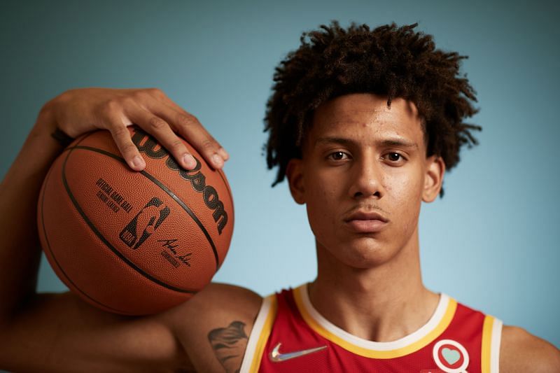 Jalen Johnson #1 of the Atlanta Hawks poses for a photo during the 2021 NBA Rookie Photo Shoot on August 15, 2021 in Las Vegas, Nevada.