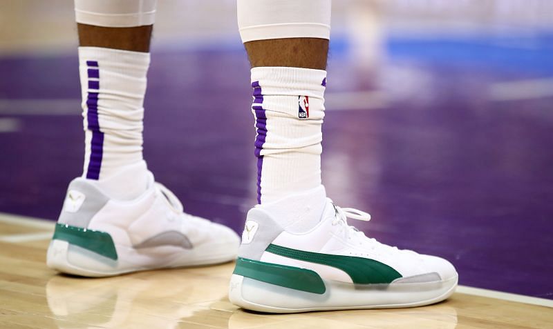 A close up of the Puma sneakers worn by &lt;a href=&#039;https://www.sportskeeda.com/basketball/marvin-bagley-lll&#039; target=&#039;_blank&#039; rel=&#039;noopener noreferrer&#039;&gt;Marvin Bagley III&lt;/a&gt; #35 of the Sacramento Kings during their game against the Melbourne United at Golden 1 Center on October 16, 2019 in Sacramento, California.