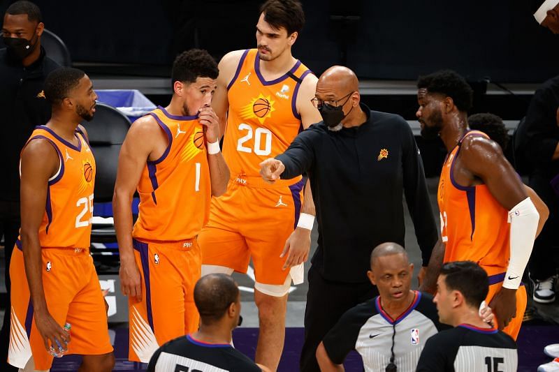 Dario Saric of the Phoenix Suns on the bench during a timeout in the NBA Playoffs