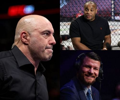 Joe Rogan (left), Daniel Cormier (top), and Michael Bisping (bottom)