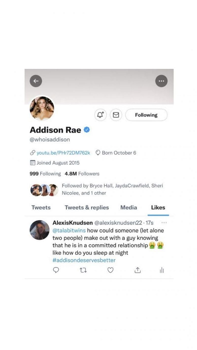 Addison Rae was caught liking a tweet indicating being cheated on (Image via Twitter)