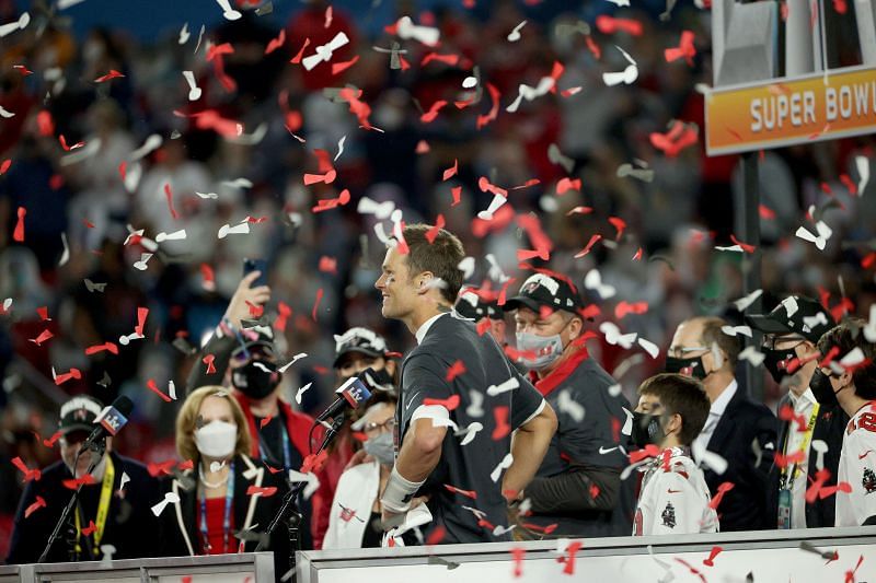 Tom Brady and the Tampa Bay Buccaneers after winning the Super Bowl LV