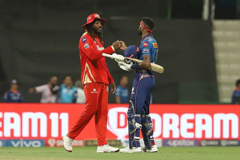 Chris Gayle (L) and Hardik Pandya fistbump after MI&#039;s win. (PC: IPLT20.com)