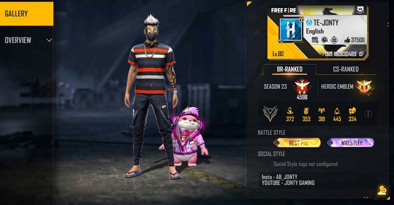 Jonty Gaming is placed in the Heroic tier in the BR-Ranked (Image via Free Fire)