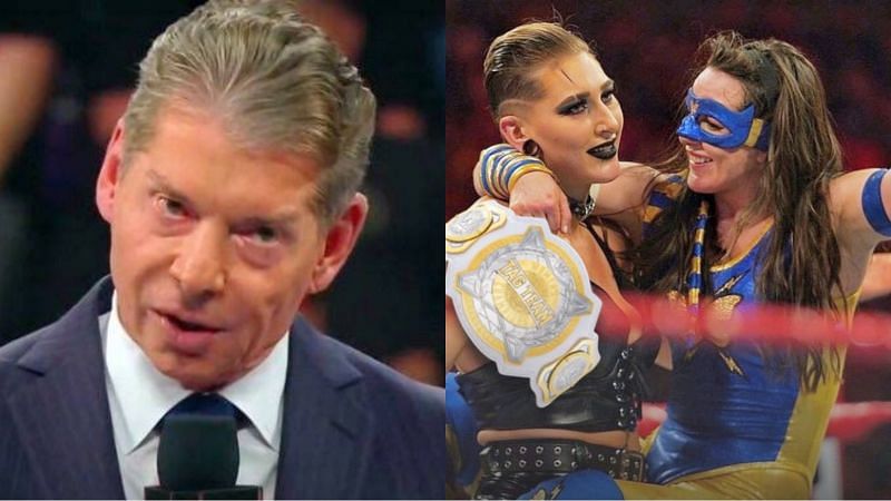 Vince McMahon (left); Rhea Ripley and Nikki A.S.H. (right)
