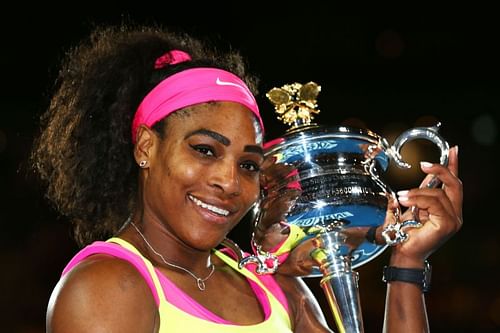 Serena Williams with the 2015 Australian Open trophy