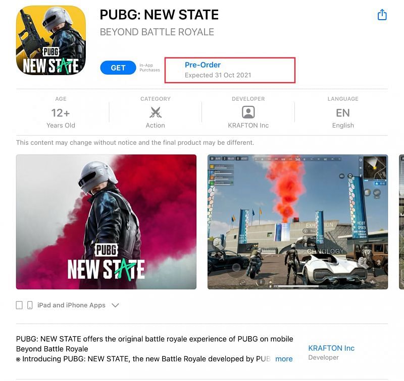 Expected date of PUBG New State on the App Store (Image via Apple App Store)