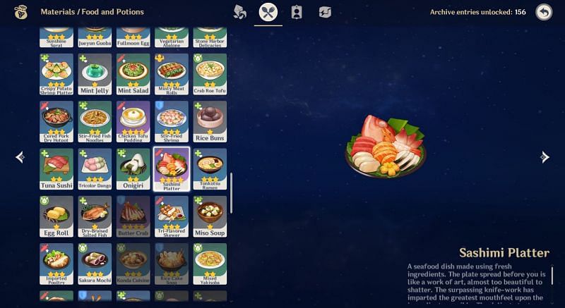 Sashimi Platter description in Archive (Image via Genshin Impact)