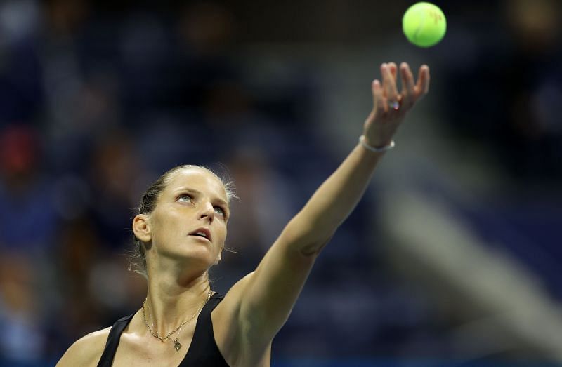 Karolina Pliskova serves during her second-round match at the 2021 US Open