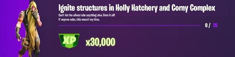 &quot;Ignite structures in Holly Hatchery and Corny Complex&quot; Fortnite Week 14 Epic Challenge (Image via Lazyleaks_/Twitter)