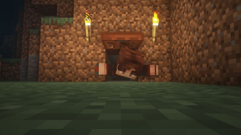 Player crawling under a trapdoor (Image via Minecraft)