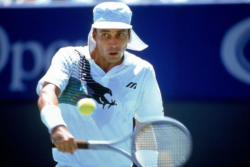 Ivan Lendl strikes a backhand at the 1990 Australian Open