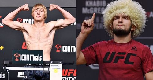 Paddy Pimblett (left) said he did not care about what the Khabib Nurmagomedov (right) fans thought about him and his opinion on 'The Eagle'