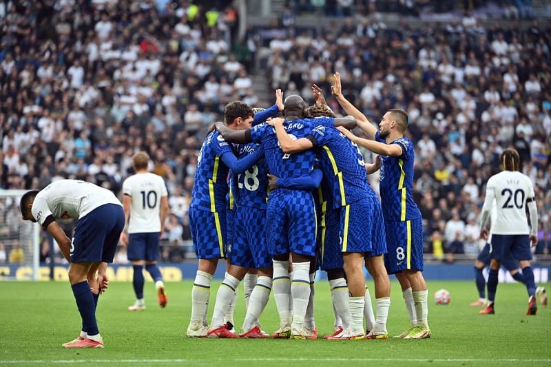 Chelsea players celebrate one of their goals against Tottenham