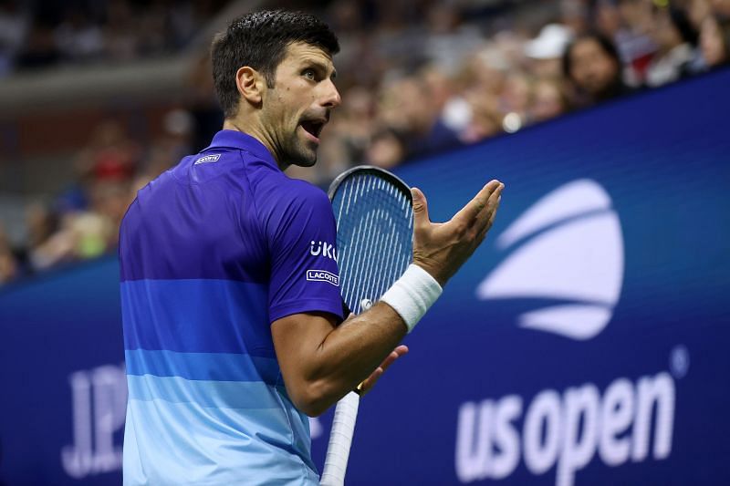 Novak Djokovic reacts during his fourth-round match against Jenson Brooksby at the 2021 US Open
