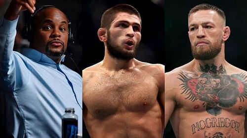 Daniel Cormier (left), Khabib Nurmagomedov (center) and Conor McGregor (right)