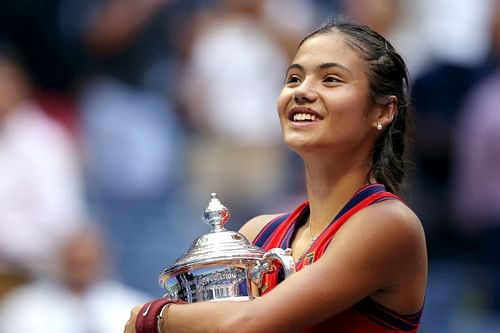 Emma Raducanu celebrating her 2021 US Open win.