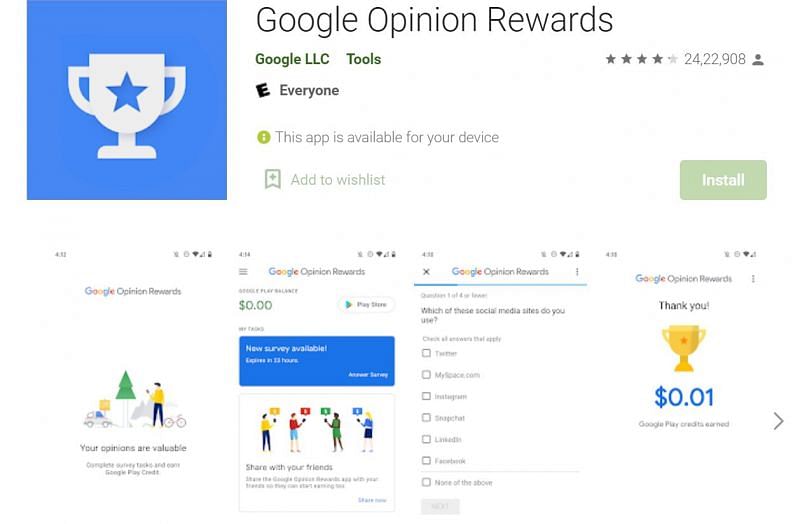 Players may use Google Opinion Rewards to get free diamonds in Free Fire (Image via Google Play Store)