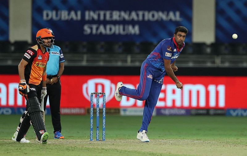 IPL 2021: Ravichandran Ashwin bowls against Sunrisers Hyderabad.