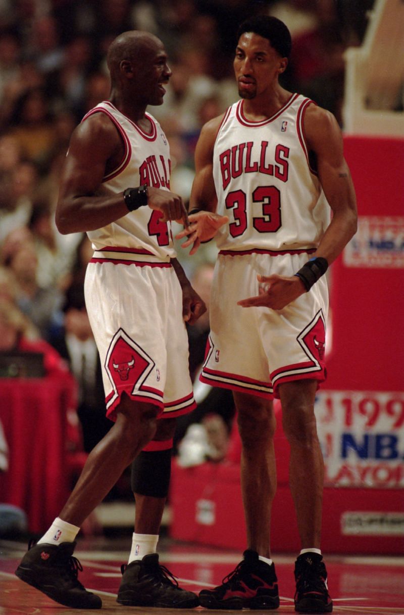 &lt;a href=&#039;https://www.sportskeeda.com/basketball/michael-jordan&#039; target=&#039;_blank&#039; rel=&#039;noopener noreferrer&#039;&gt;Michael Jordan&lt;/a&gt; #45 of the Chicago Bulls celebrates with Scottie &lt;a href=&#039;https://www.sportskeeda.com/basketball/scottie-pippen&#039; target=&#039;_blank&#039; rel=&#039;noopener noreferrer&#039;&gt;Pippen&lt;/a&gt;
