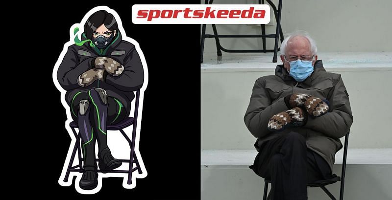Viper wearing Bernie Sanders&#039; outfit and imitating his sitting pose (Image via Sportskeeda)