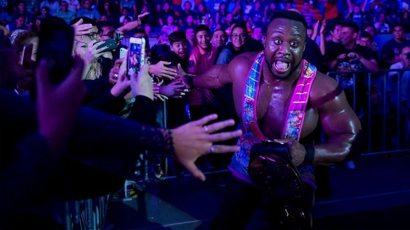 Big E as SmackDown Tag Team Champion at a WWE event