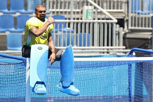 India's goalkeeper PR Sreejesh exults after winning the bronze medal at the Tokyo Olympics.