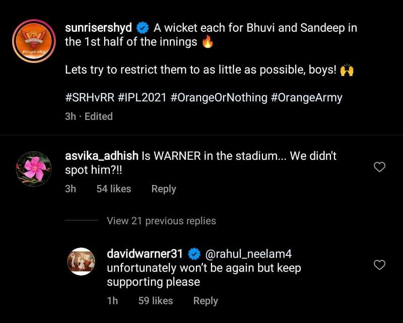 David Warner&#039;s response to a fan on Instagram
