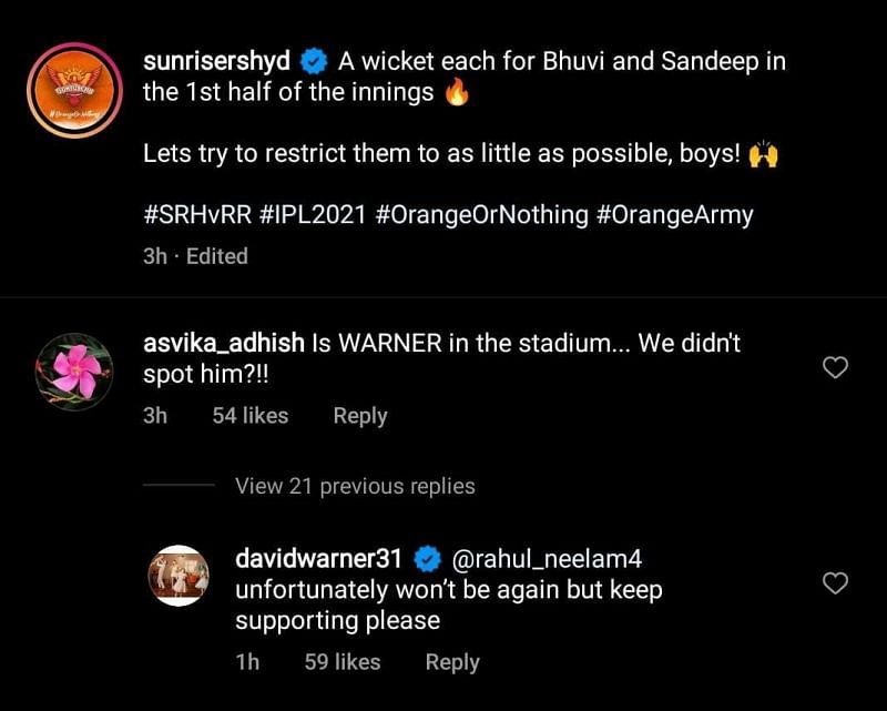 David Warner's response to a fan on Instagram