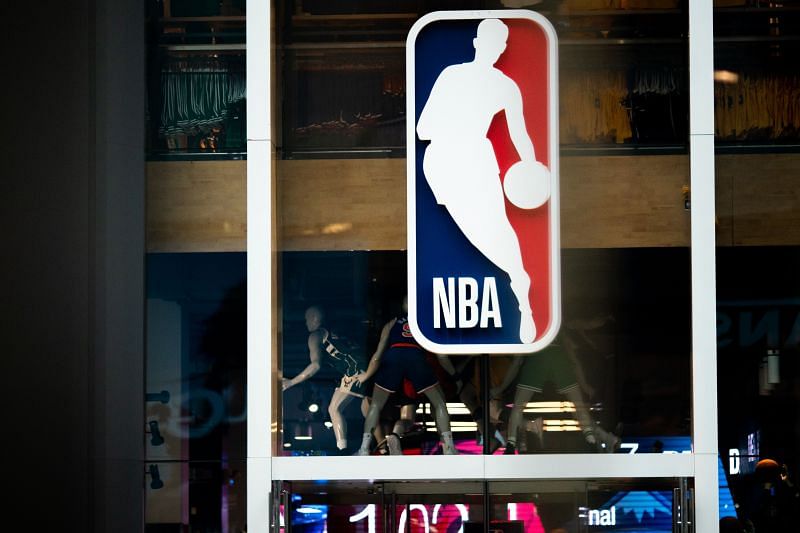 An NBA logo is shown at the 5th Avenue NBA store.