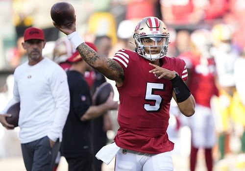 San Francisco 49ers back-up Trey Lance warming up