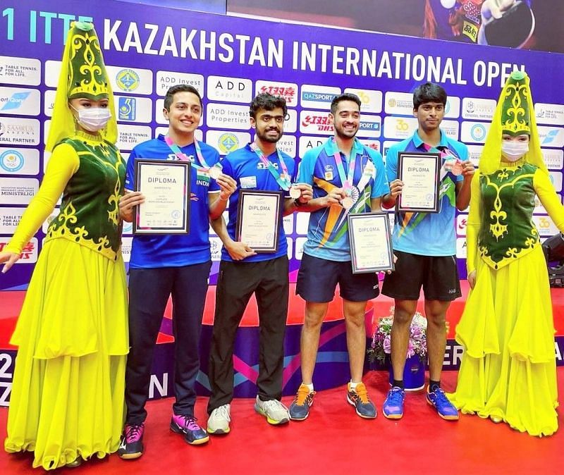 (L-R): Indian table tennis players Mudit Dani, Siddhesh Pande, Sudhanshu Grover and Fidel R Snehit pose with their men&rsquo;s doubles bronze medals at the 2021 ITTF Kazakhstan International Open.