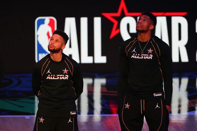 Stephen Curry and Giannis Antetokounmpo at the 2021 NBA All-Star Game