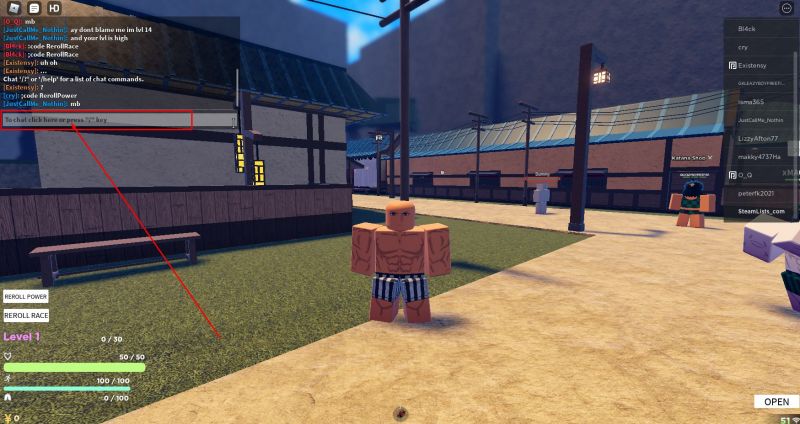 The chat box to redeem codes in Slayers Unleashed. (Image via Roblox Corporation)