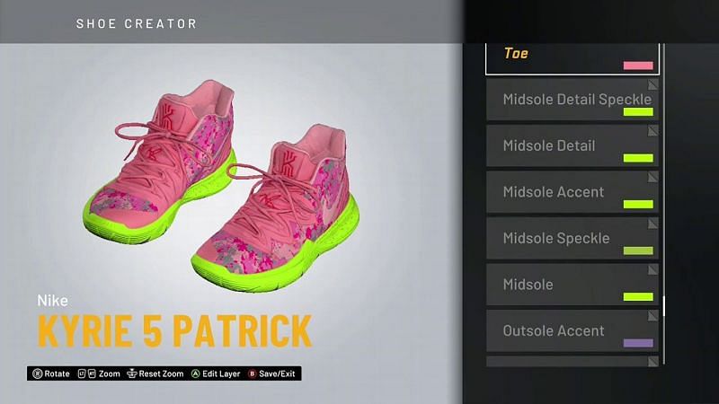 Nike Kyrie 5 Spongebob Patrick as seen in NBA 2K20 Shoe Creator [Source: enstock2c.top]