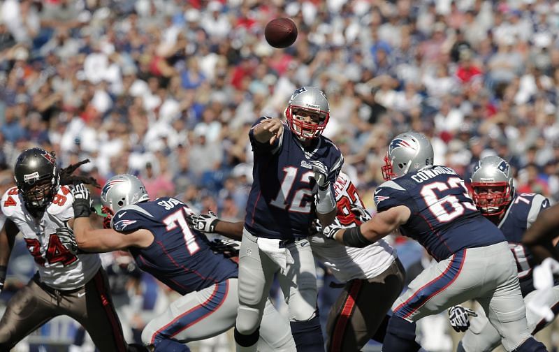 Tom Brady playing for the New England Patriots against the Tampa Bay Buccaneers