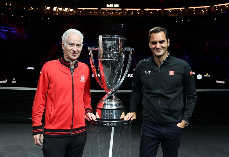 John McEnroe and Roger Federer with the 2021 Laver Cup trophy