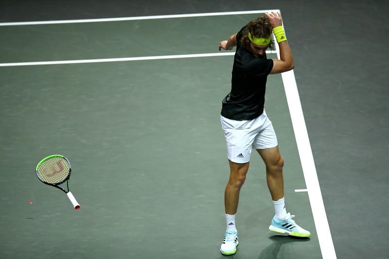 Stefanos Tsitsipas throwing his racket in anger