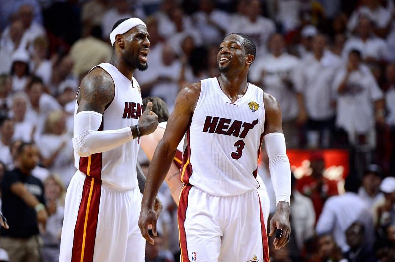 LeBron James #6 and Dwyane Wade #3 of the Miami Heat react in the fourth quarter against the Oklahoma City Thunder in Game Five of the 2012 NBA Finals