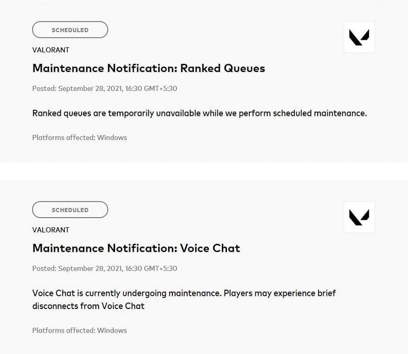 The maintenance notification for Valorant NA, Brazil, and LATAM servers (Screengrab via Riot Games/Valorant Server Service Status)
