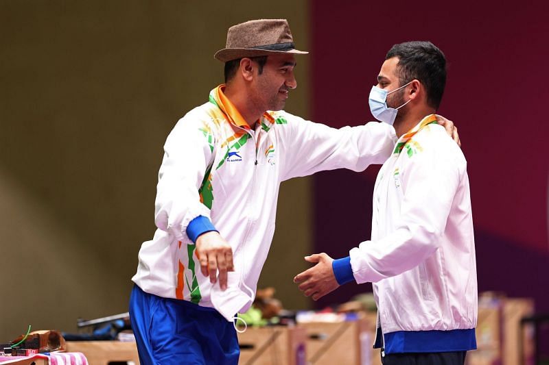Manish Narwal (right) and Singhraj Adhana after winning Tokyo Paralympic gold and silver medals respectively at the Tokyo Paralympics respectively.